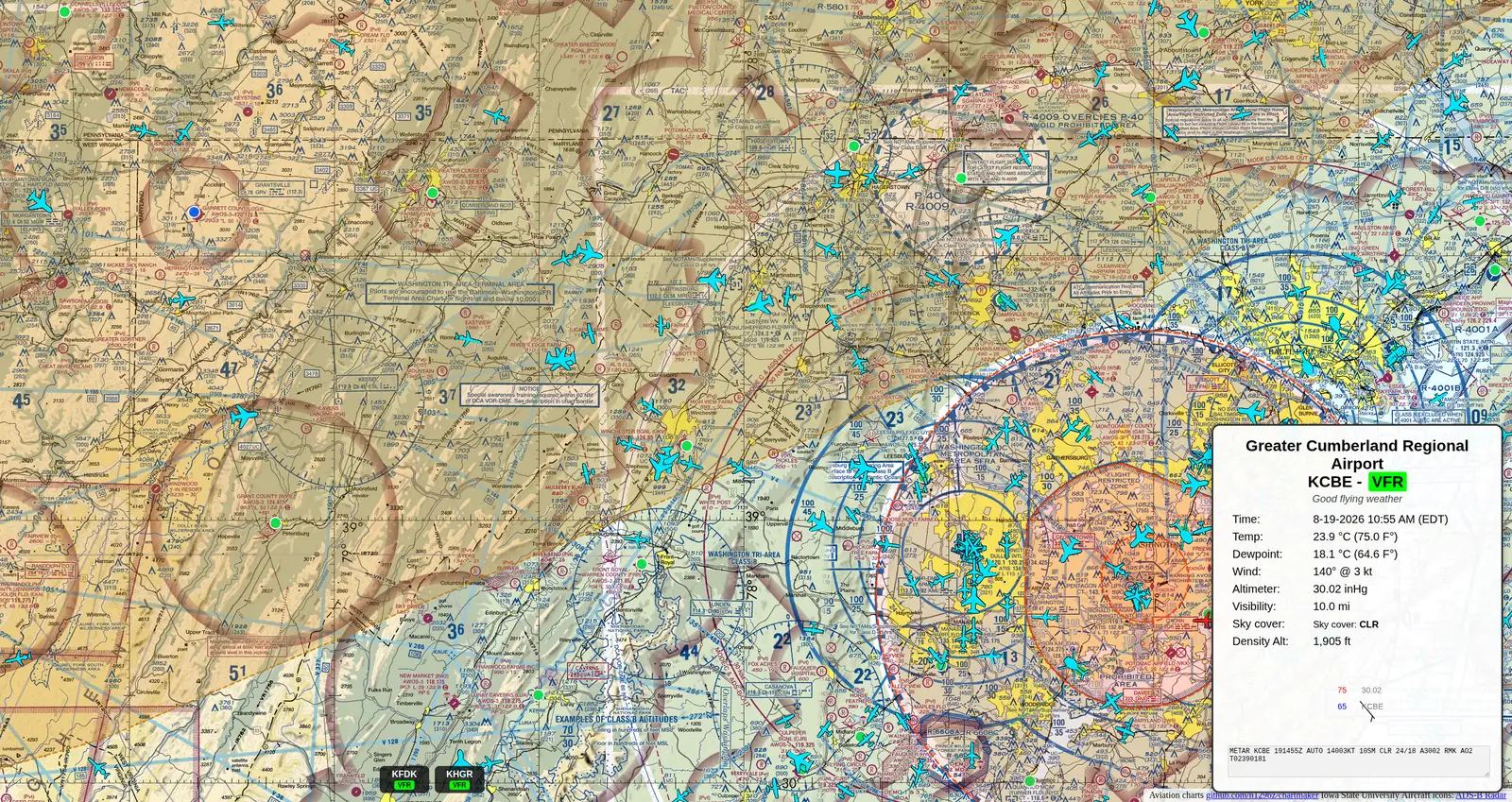 METARBoard display showing an FAA sectional chart with live ADS-B traffic icons, restricted airspace, and a current METAR popup for Greater Cumberland Regional Airport (KCBE)